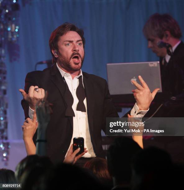 Simon Le Bon of Duran Duran performing during Walking with the Wounded presents The Ice and Diamonds Send-Off Ball, at Battersea Power Station in...