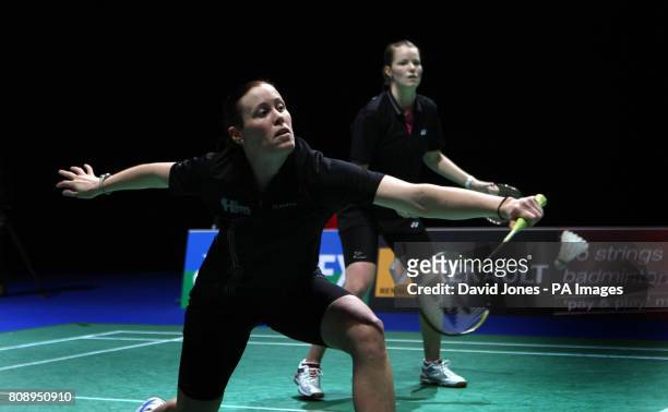 Denmark's Kamilla Rytter-Juhl and Christinna Pedersen play Japan's Kakiiwa and Fujii during the Yonex All England Championships at the National...