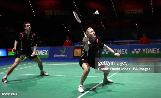 Chris Adcock of England and Scotland's Imogen Bankier during the Yonex All England Championships at the National Indoor Arena in Birmingham.