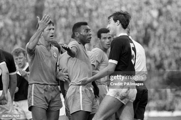 Brazil's Pele remonstrates with Scotland's Ronnie MacKinnon following a clash with Billy Bremner .