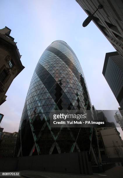 The Swiss Re building at 30 St Mary Axe, in The City of London. Multinational private equity and venture capital company 3i has a 40% stake in the...