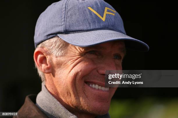 Michael Matz the trainer of Visionaire talks to the media during the morning training for the Kentucky Derby on April 28, 2008 at Churchill Downs in...