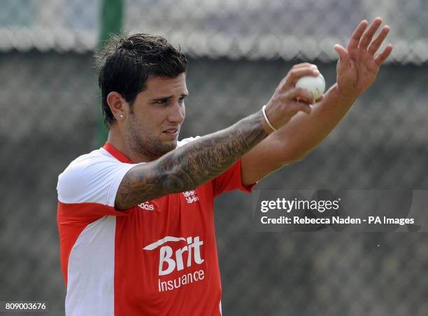 England's Jade Dernbach during the nets session at the R. Premadasa Stadium in Colombo, Sri Lanka.