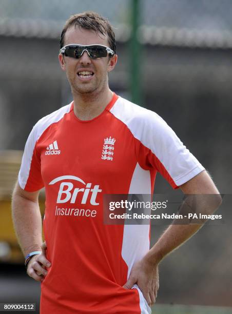 England's Graeme Swann during the nets session at the R. Premadasa Stadium in Colombo, Sri Lanka.