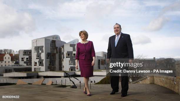 Leader Alex Salmond and his deputy Nicola Sturgeon during the launch of the SNP election campaign near the Scottish Parliament in Edinburgh.