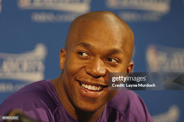 David West of the New Orleans Hornets speaks to the media following their victory against the Dallas Mavericks in Game One of the Western Conference...