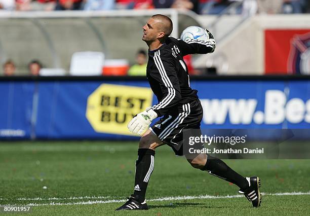 Goalkeeper Jon Busch of the Chicago Fire throws the ball into play against the Kansas City Wizards during their MLS match on April 20, 2008 at Toyota...