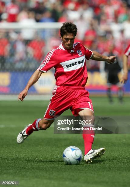 John Thorrington of the Chicago Fire moves to strike the ball against the Kansas City Wizards during their MLS match on April 20, 2008 at Toyota Park...