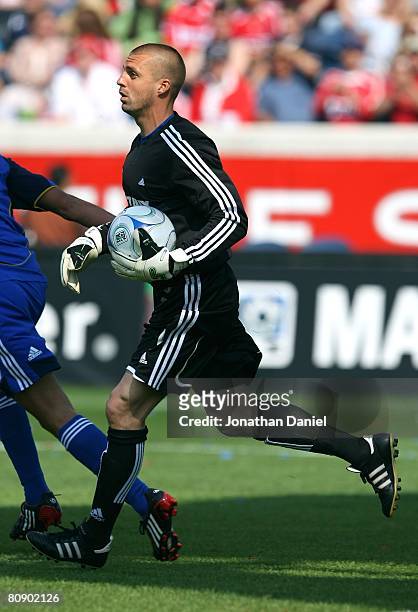 Goalkeeper Jon Busch of the Chicago Fire looks to put the ball into play against the Kansas City Wizards during their MLS match on April 20, 2008 at...