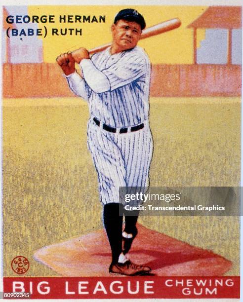Full length color lithograph portrait of George Heramn "Babe" Ruth swinging a bat, The image is from a trading card published by the Goudey Gum...
