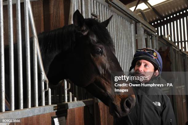 Champion jockey Paul Hanagan with Wootton Bassett, who is listed to run in the 2000 Guineas at Newmarket on April 30th, during a media day at Musley...