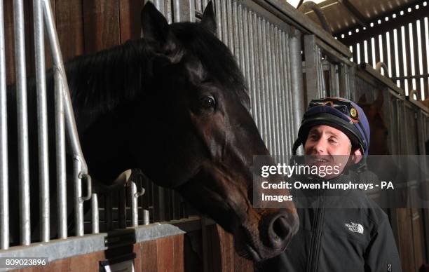 Champion jockey Paul Hanagan with Wootton Bassett, who is listed to run in the 2000 Guineas at Newmarket on April 30th, during a media day at Musley...