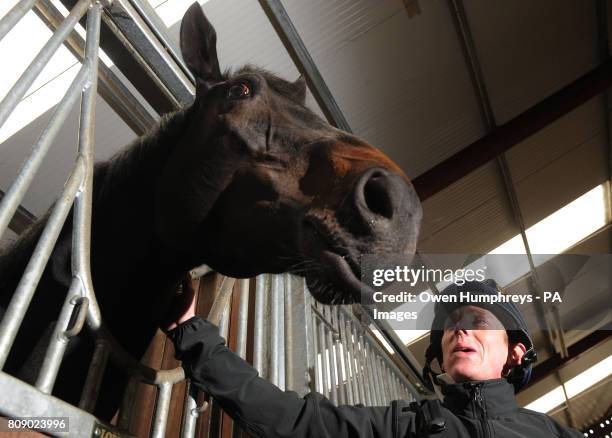 Champion jockey Paul Hanagan with Wootton Bassett, who is listed to run in the 2000 Guineas at Newmarket on April 30th, during a media day at Musley...