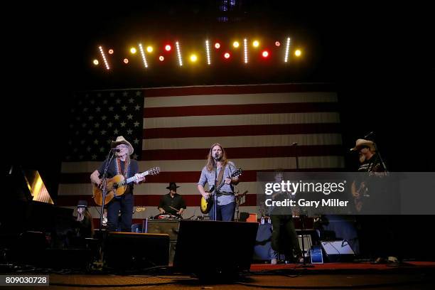 Bobbie Nelson, Willie Nelson, Paul English, Lukas Nelson, Mickey Raphael and Ray Benson perform in concert during the annual Willie Nelson 4th of...