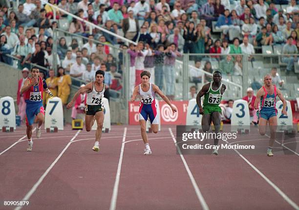 Nigerian athlete Ajibola Adeoye competing in the 100 metres event for single-arm amputees at the Summer Paralympics in Barcelona, Spain, September...