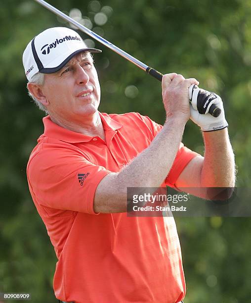Hale Irwin hits from the 10th tee box during the final round of the Outback Steakhouse Pro-Am at TPC Tampa Bay held on April 20, 2008 in Lutz,...