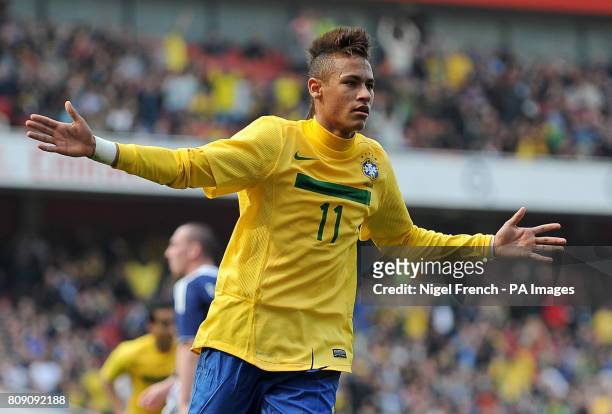 Brazil's Neymar celebrates after scoring against Scotland during the International Friendly at the Emirates Stadium, London.