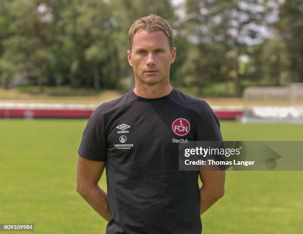 James Morgan of 1. FC Nuernberg poses during the 1. FC Nuernberg team presentation at Sportpark Valznerweiher on July 3, 2017 in Nuremberg, Germany.