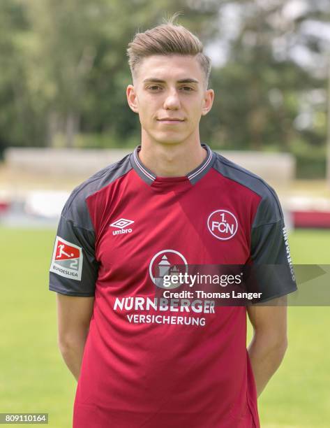 Lucas Hufnagel of 1. FC Nuernberg poses during the 1. FC Nuernberg team presentation at Sportpark Valznerweiher on July 3, 2017 in Nuremberg, Germany.