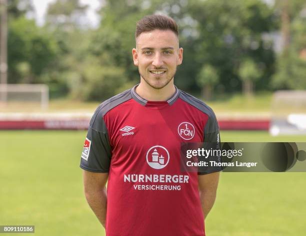 Kevin Moehwald of 1. FC Nuernberg poses during the 1. FC Nuernberg team presentation at Sportpark Valznerweiher on July 3, 2017 in Nuremberg, Germany.