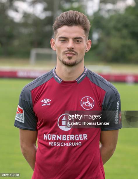 Tim Leibold of 1. FC Nuernberg poses during the 1. FC Nuernberg team presentation at Sportpark Valznerweiher on July 3, 2017 in Nuremberg, Germany.