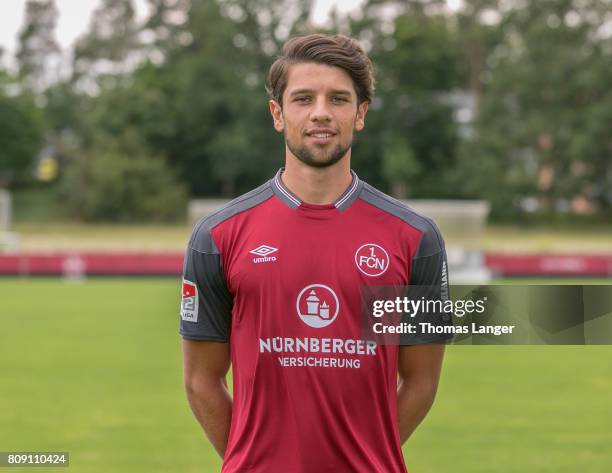 Lukas Muehl of 1. FC Nuernberg poses during the 1. FC Nuernberg team presentation at Sportpark Valznerweiher on July 3, 2017 in Nuremberg, Germany.