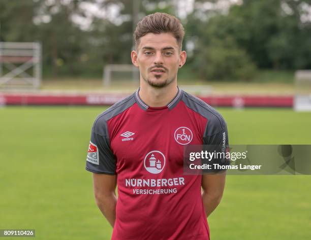 Tim Leibold of 1. FC Nuernberg poses during the 1. FC Nuernberg team presentation at Sportpark Valznerweiher on July 3, 2017 in Nuremberg, Germany.