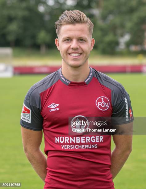 Patrick Kammerbauer of 1. FC Nuernberg poses during the 1. FC Nuernberg team presentation at Sportpark Valznerweiher on July 3, 2017 in Nuremberg,...