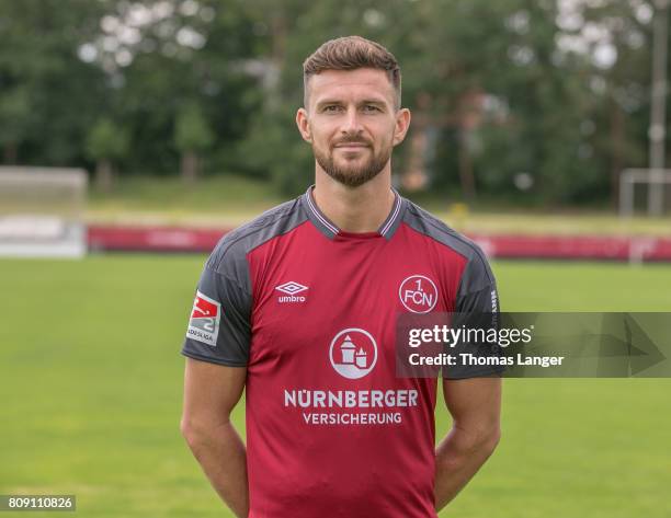 Enis Alushi of 1. FC Nuernberg poses during the 1. FC Nuernberg team presentation at Sportpark Valznerweiher on July 3, 2017 in Nuremberg, Germany.