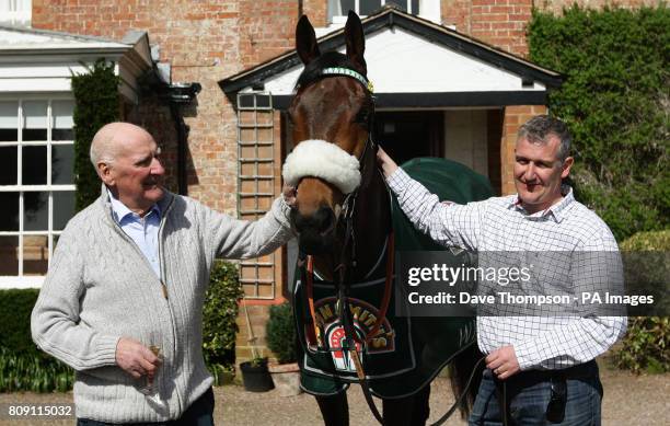 Trainer Donald McCain Jnr stands alongside Grand National winner Ballabriggs during a Homecoming Photocall at the stables in Malpas, Cheshire, PRESS...