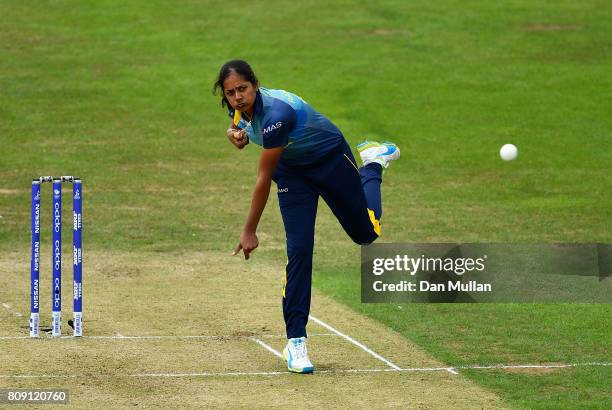 Inoka Ranaweera of Sri Lanka bowls during the ICC Women's World Cup 2017 match between Sri Lanka and India at The 3aaa County Ground on July 5, 2017...