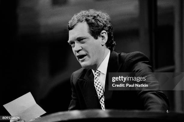 Late night television talk show personality David Letterman hosting the David Letterman Show from the Chicago Theater in Chicago Illinois, May 1,...