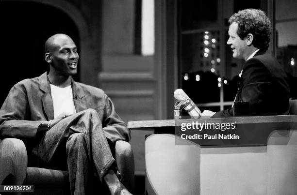 David Letterman interviews guest Michael Jordan on the David Letterman Show from the Chicago Theater in Chicago, Illinois , May 3, 1989.