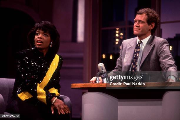 David Letterman interviews guest Oprah Winfrey on the David Letterman Show from the Chicago Theater in Chicago, Illinois , May 2, 1989.