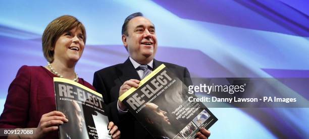 Leader Alex Salmond and deputy leader Nicola Sturgeon during the launch of the SNP manifesto at the Royal Scottish Academy of Music and Drama in...