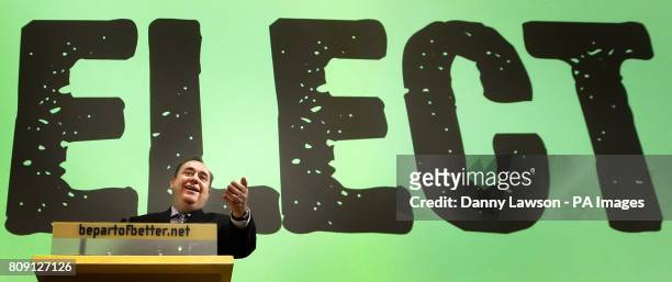 Leader Alex Salmond during the launch of the SNP manifesto at the Royal Scottish Academy of Music and Drama in Glasgow.