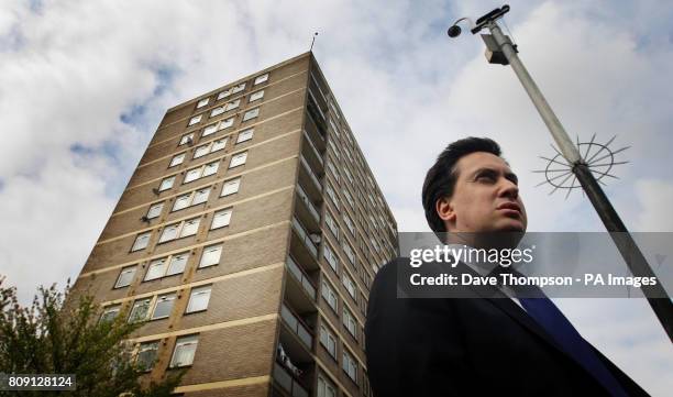 Labour Party Leader Ed Miliband during a visit to a council estate in the Collyhurst area of Manchester.