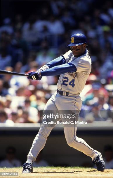 Ken Griffey Jr. #24 of the Seattle Mariners bats during a game against the New York Yankees on May 19, 1991 in the Bronx, New York.