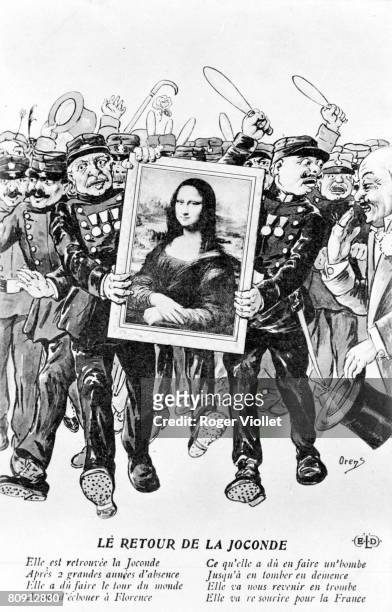 "The return of the Mona Lisa", caricature of Orens referring to the theft of the painting in 1911 and on its return in Paris in 1914.