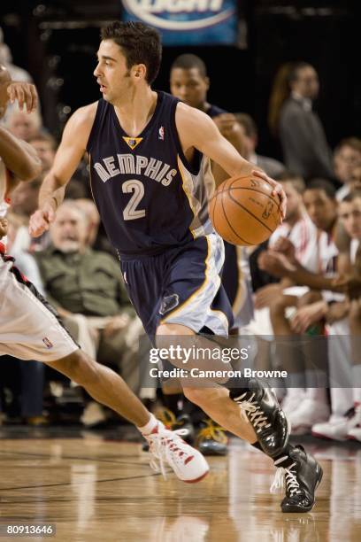 Juan Carlos Navarro of the Memphis Grizzlies moves the ball against the Portland Trail Blazers during the game on April 15, 2008 at the Rose Garden...