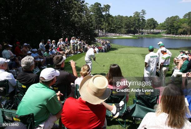 Trevor Immelman of South Africa hits a tee shot during the Par 3 Contest at the 2008 Masters Tournament at Augusta National Golf Club on April 9,...