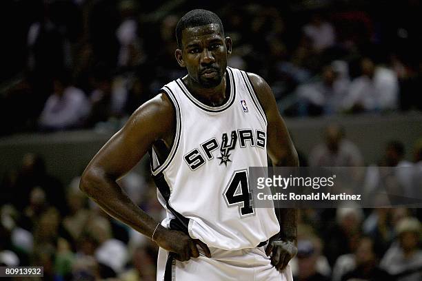 Michael Finley of the San Antonio Spurs looks down in Game Two of the Western Conference Quarterfinals against the Phoenix Suns during the 2008 NBA...
