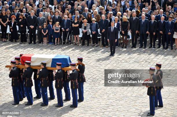 French President Emmanuel Macron pays his tribute to Simone Veil during her funeral at Hotel Des Invalides on July 5, 2017 in Paris, France. Simone...