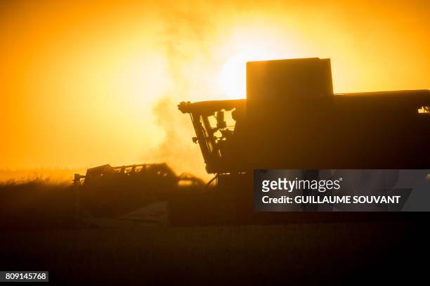 Farmer drives a combine harvester during a rape harvest on July 04, 2017 near Monthodon, central France.