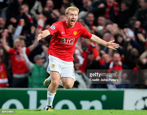 Paul Scholes of Manchester United celebrates scoring their first goal during the UEFA Champions League Semi-Final second leg match between Manchester...