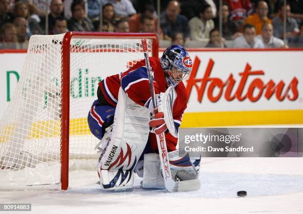 Goaltender Carey Price of the Montreal Canadiens stops the puck against during game seven of the 2008 NHL Eastern Conference Quarterfinals against...