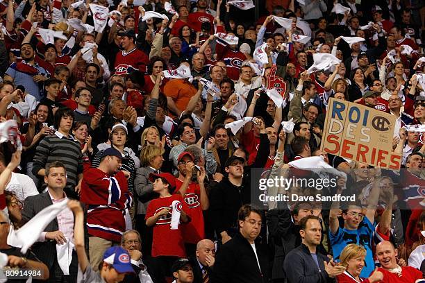 Fans of the Montreal Canadiens show their support during game seven of the 2008 NHL Eastern Conference Quarterfinals between the Boston Bruins and...