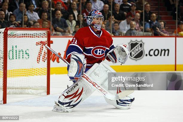 Goaltender Carey Price of the Montreal Canadiens defends his net against the Boston Bruins during game seven of the 2008 NHL Eastern Conference...