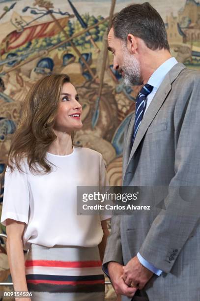 King Felipe VI of Spain and Queen Letizia of Spain attend several audiences at the Zarzuela Palace on July 5, 2017 in Madrid, Spain.
