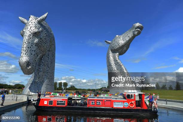 Her Majesty Queen Elizabeth II and Prince Philip, Duke of Edinburgh arrive on a canal boat at the Kelpies on July 5, 2017 in Falkirk, Scotland. Queen...